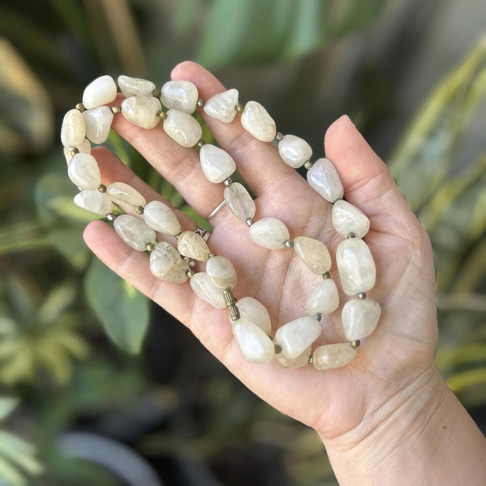 Vintage White Quartz Beaded Necklace Brass Spacers Natural Stone Boho Jewelry